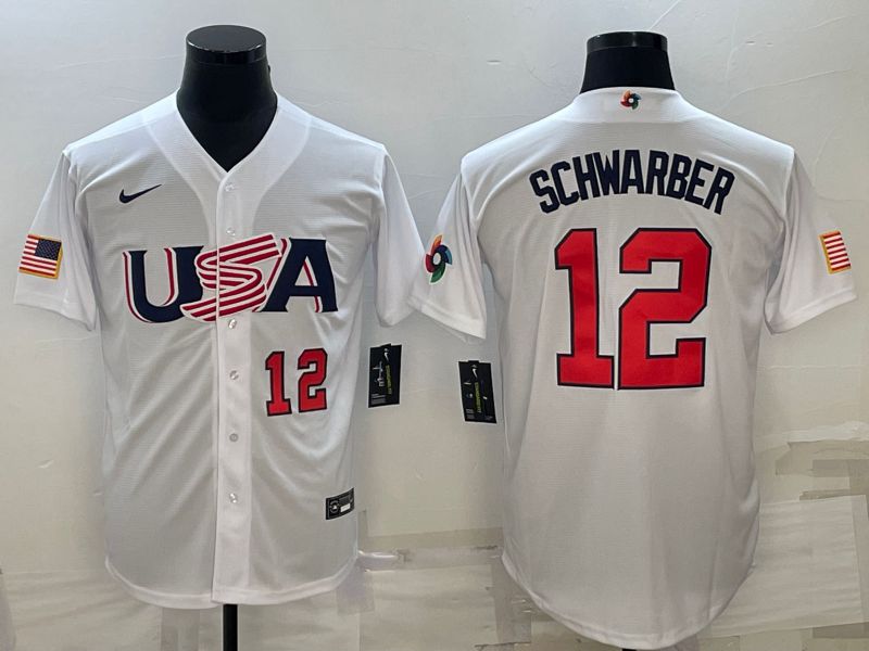 Men 2023 World Cub USA #12 Schwarber White Nike MLB Jersey5
